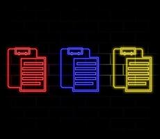 Glowing neon line Clipboard with checklist icon isolated on brick wall background. Control list symbol. Survey poll or questionnaire feedback form. Illustration isolated on brick wall. vector