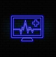 Glowing neon line Laptop with cardiogram icon isolated on brick wall background. Monitoring icon. ECG monitor with heart beat hand drawn. .blue vector