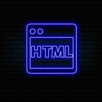 blue glowing neon HTML file document. Download html button icon isolated on white background. HTML file symbol. Markup language symbol. Black square button. Illustration vector