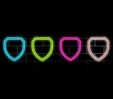 Neon shield icon. Glowing neon shield sign, outline guard symbol in vivid colors. Online security and protection, safety and guarantee emblem, antivirus firewall. Icon set, sign for UI vector