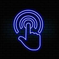 Hand gesture click here in digital futuristic style on transparent background. Hand movement neon icon on touch screen. illustration of neon touch effect icon. vector