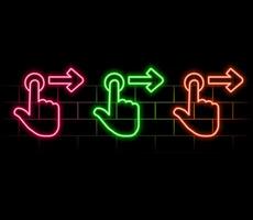 Touch effect of hand gesture in digital futuristic style on transparent background. Neon icon of hand movement on the touch screen. illustration of swipe here icon in neon light effect. vector