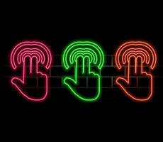 hand click, button press, finger touch neon sign. illustration in neon style. orange color. vector
