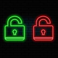 Neon 3D image of neon sign on flat smooth wall of open padlock line icon in green and blue neon colours, backround green vector