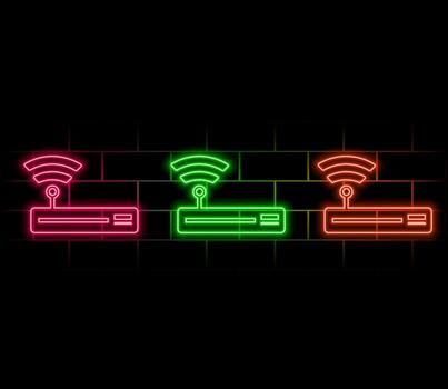 Wifi router line icon. Neon laser lights. Computer component sign. Internet symbol. Glow laser speech bubble. Neon lights chat bubble. Banner badge with wifi icon. vector