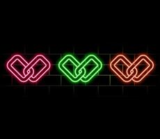 Link icon. Hyperlink chain symbol. Simple icon. Pink neon style on brick wall background. Light icon vector