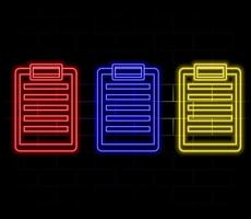 Neon light speech bubble. Checklist line icon. Clipboard document sign. Questioning survey symbol. Neon light background. Checklist glow line. Brick wall banner. vector