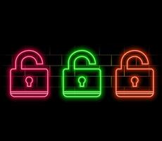 Glowing neon line Open padlock icon isolated on black background. Lock open sign. Cybersecurity. Digital data protection. Colorful contour concept. illustration vector