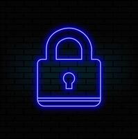 Neon closed lock icon. Glowing neon lock sign, outline padlock silhouette in vivid colors. Personal data protection, cyber security, reliable storage of information. icon set, sign, pictogram vector