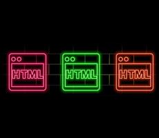 Glowing neon HTML file document icon. Download html button icon isolated on brick wall background. HTML file symbol. Markup language symbol. Illustration. pink color. vector