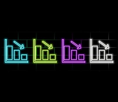 Down animation on business graphics in neon blue color. Animated business loss falling graphic icons, high tech stylish bright motion graphics. vector