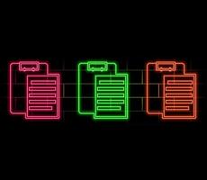 Glowing neon line Clipboard with checklist icon isolated on black background. Control list symbol. Survey poll or questionnaire feedback form. vector