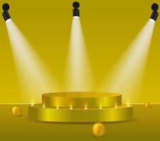 Golden double podium for product presentation illustration. Abstract platform of empty golden awards with round shiny frame. vector