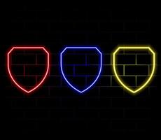 Outline Shield Shape with Tick Symbol with bright glowing futuristic blue neon lights on black background. 3D icon, sign and symbol. Cartoon minimal style. 3D render illustration vector