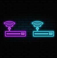 Glowing neon Router and wi-fi signal icon isolated on brick wall background. Wireless ethernet modem router. Computer technology internet. vector