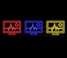Glowing neon line Laptop with cardiogram icon isolated on brick wall background. Monitoring icon. ECG monitor with heart beat hand drawn. vector