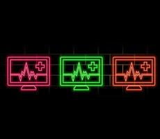 Glowing neon line Laptop with cardiogram icon isolated on brick wall background. Monitoring icon. ECG monitor with heart beat hand drawn. .pink vector