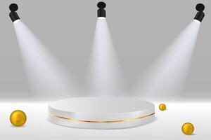 Stylish 3D white podium with neon golden circle glowing balls, futuristic technology concept for product display and presentation vector