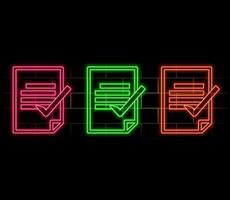 Glowing neon line Clipboard with checklist icon isolated on brick wall background. Control list symbol. Survey poll or questionnaire feedback form. orange. vector
