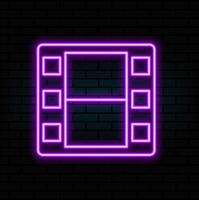 Outline neon clapperboard, violet pink icon. Glowing neon clapper board with play sign. production, cinema editor, movie shooting, music clip recording. Filmmaking studio, multimedia editor vector