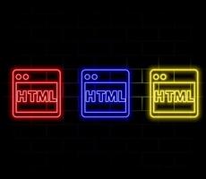 Glowing neon HTML file document icon. Download html button icon isolated on brick wall background. HTML file symbol. Markup language symbol. Illustration vector