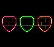 Neon light speech bubble. Shield line icon. Privacy secure sign. Safe defense symbol. Neon light background. Shield glow line. Brick wall banner. vector