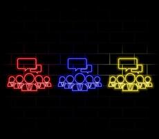 Round table business meeting neon icon. Conference, social network, team building symbol. illustration. vector