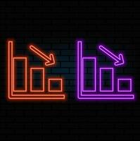 Neon downfall chart icon. Glowing neon drop chart sign, down arrow in vivid colors. Financial forecast, reduce results, falling trend. Bright icon set, sign, symbol for UI design. orange. vector