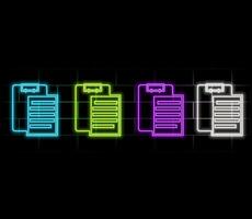 Glowing neon line Clipboard with checklist icon isolated on brick wall background. Control list symbol. Survey poll or questionnaire feedback form. Illustration. purple color. vector