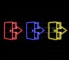 Neon light speech bubble. Open door line icon. Entrance doorway sign. Building exit symbol. Neon light background. Open door glow line. Brick wall banner. vector