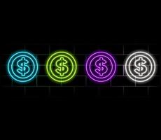 Outline neon dollar token icon. Glowing neon token frame with dollar sign, golden USDT coin pictogram. Digital USD token transaction, cryptocurrency exchange, virtual money wallet. icon set vector