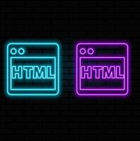 Glowing neon HTML file document. Download html button icon isolated on white background. HTML file symbol. Markup language symbol. Black square button. Illustration vector