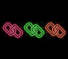 Simple link icon, metal chain, hyperlink symbol. Orange neon style on black background. Light linear icon with editable stroke vector