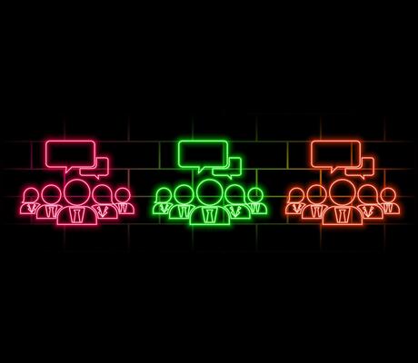 Glowing neon Meeting icon isolated on brick wall background. Business team meeting, concept of discussion, analysis, content strategy. Presentation conference.