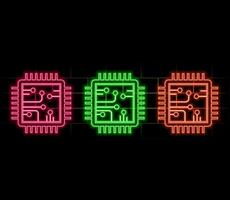 Glowing neon line Computer processor with microcircuits CPU icon isolated on black background. Chip or cpu with circuit board. Micro processor. .green vector
