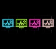 Glowing neon line Laptop with cardiogram icon isolated on brick wall background. Monitoring icon. ECG monitor with heart beat hand drawn. .green vector
