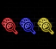 Glowing neon line Magnifying glass with globe icon isolated on black background. Analyzing the world. Global search sign. Illustration vector