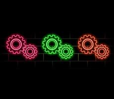 Gears with bright glowing futuristic blue neon lights on black background. 3D render illustration vector