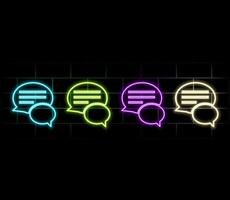 Neon light glow effect. Chat comment line icon. Speech bubble sign. Social media message symbol. 3d line neon glow icon. Brick wall banner. Chat message outline. vector