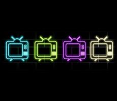 Glowing neon line Tv icon isolated on brick wall background. Television sign. Colorful outline concept. .green vector