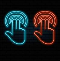 Blue gradient hand pointing gesture on digital circle icons set. two fingers arm press or push screen button. Touch effect or click cursor, select tap. UI user interface isolated on dark vector