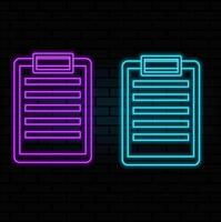 Neon document icon. Glowing neon contract sign, outline doc page pictogram in vivid colors. Online document flow, white paper, business report, contract form. vector