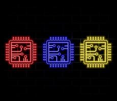 Glowing neon line Computer processor with microcircuits CPU icon isolated on black background. Chip or cpu with circuit board. Micro processor. .yellow vector
