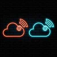 Simple cloud download logo design. Download digital file of image and content. App with data transfer notification icon. neon style. vector