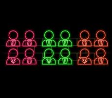 Man and woman with laptop talking and working in office. Teamwork icon neon glow illustration concept vector