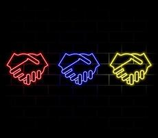 Handshake neon light line art icon. Outline symbol of agreement. Partnership pictogram made of thin stroke. Isolated on background. vector