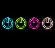 Power button blue glowing neon ui ux icon. Glowing sign logo isolated on brick wall. vector