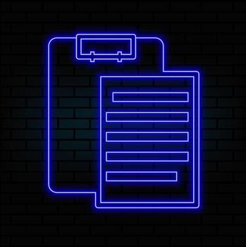 Clipboard with selection list simple icon . Project plan. Blue neon style on button. With shadow. vector