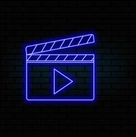 Outline neon clapperboard icon. Glowing neon clapper board with play sign. Cinema editor, production, movie shooting, music clip recording. Filmmaking studio, multimedia editor. icon set vector