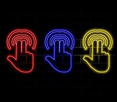 hand click, button press, finger touch neon sign. illustration in neon style. vector